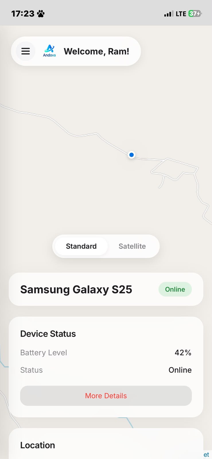 Andova Pro mobile device tracking screen